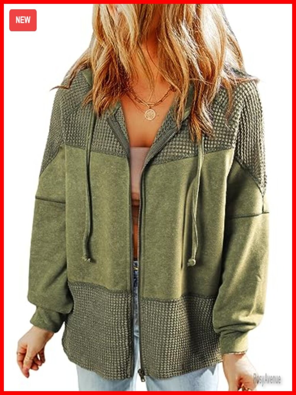Waffle Knit Hoodie Zip Up Drawstring Jacket Loose Fit Casual